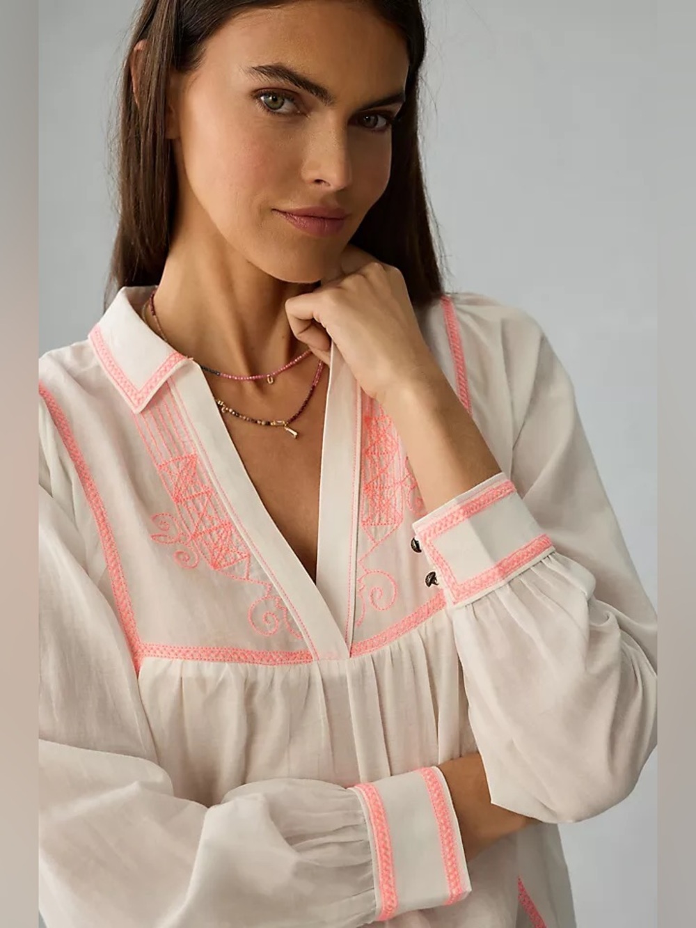 Anthropologie pilcro embroidered peasant top gauze poplin flowy cotton med co